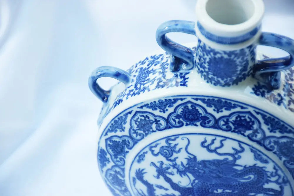Chinoiserie Blue and White Porcelain Dragon Moon Vase My Store