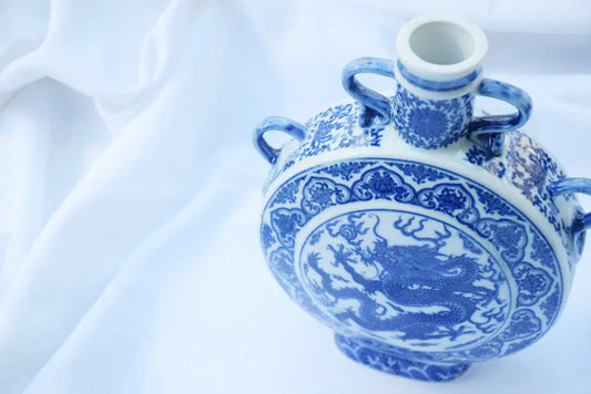 Chinoiserie Blue and White Porcelain Dragon Moon Vase My Store