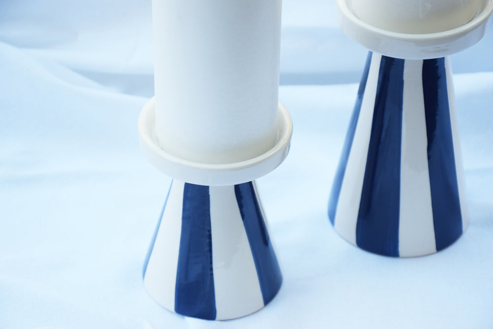 Hand Painted Navy & White Ceramic Candle Holders My Store