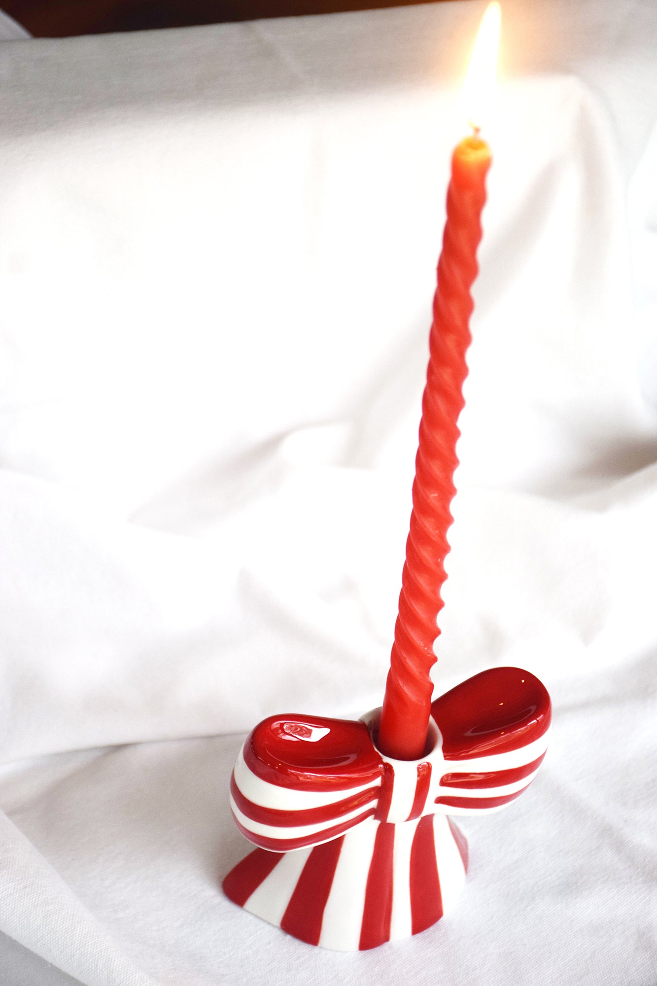Red & White Stripe Bow Porcelain Candle Holder My Store