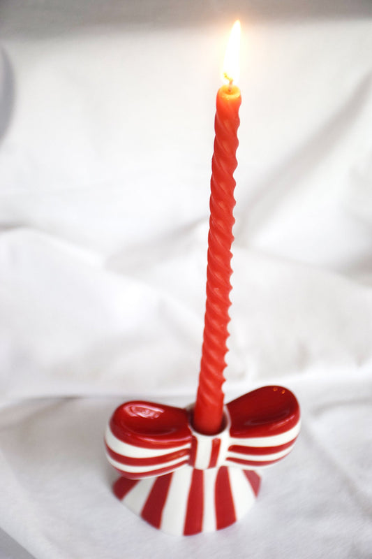 Red & White Stripe Bow Porcelain Candle Holder My Store