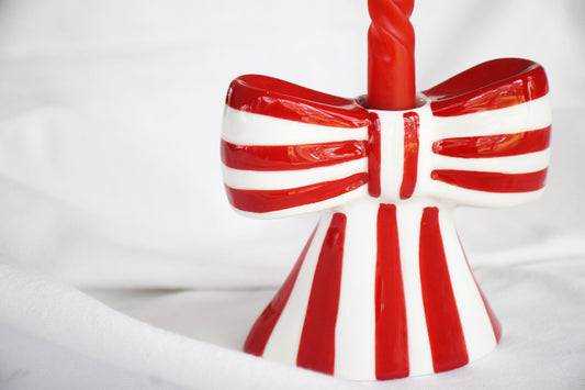 Red & White Stripe Bow Porcelain Candle Holder My Store