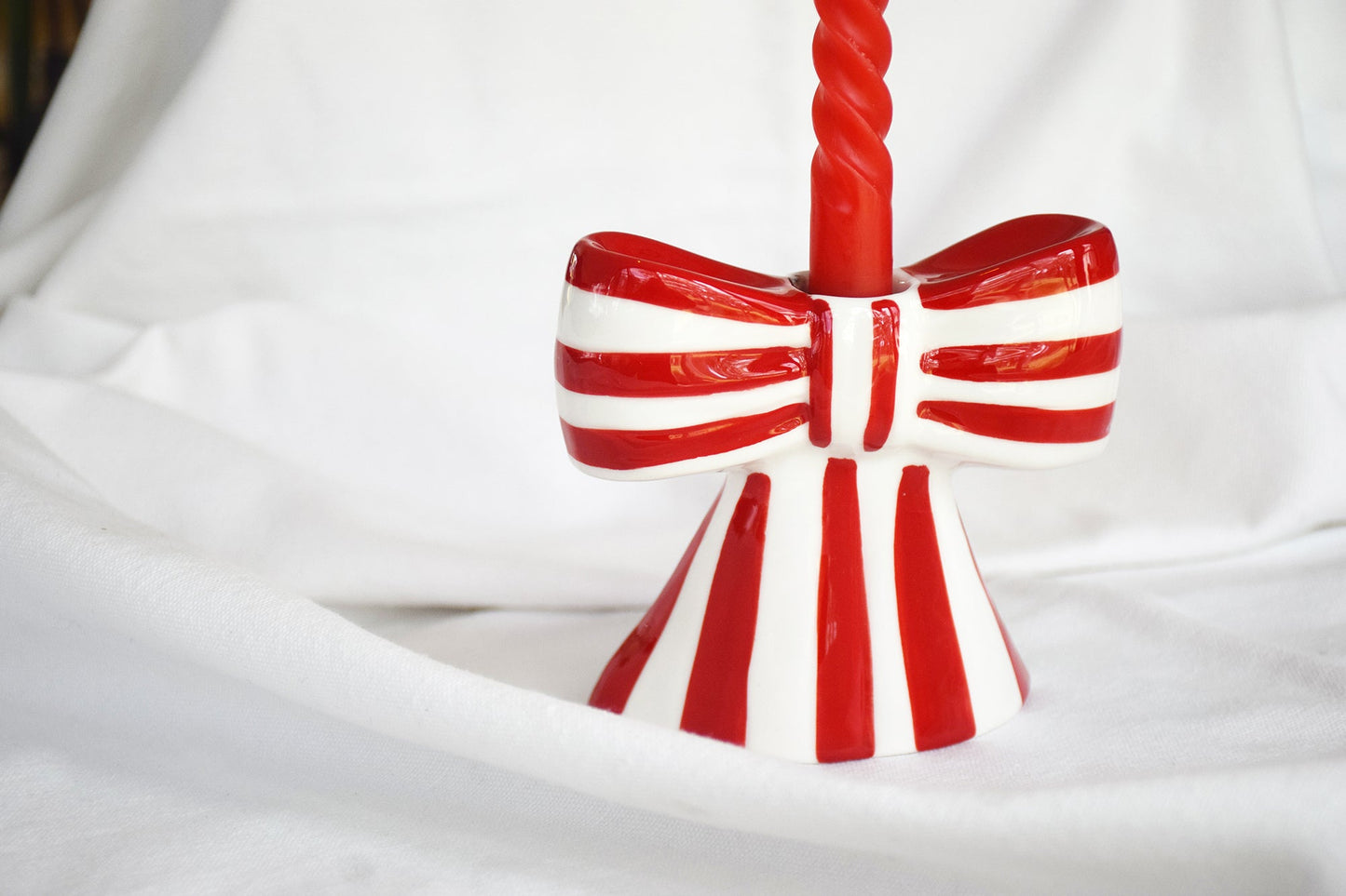 Red & White Stripe Bow Porcelain Candle Holder My Store